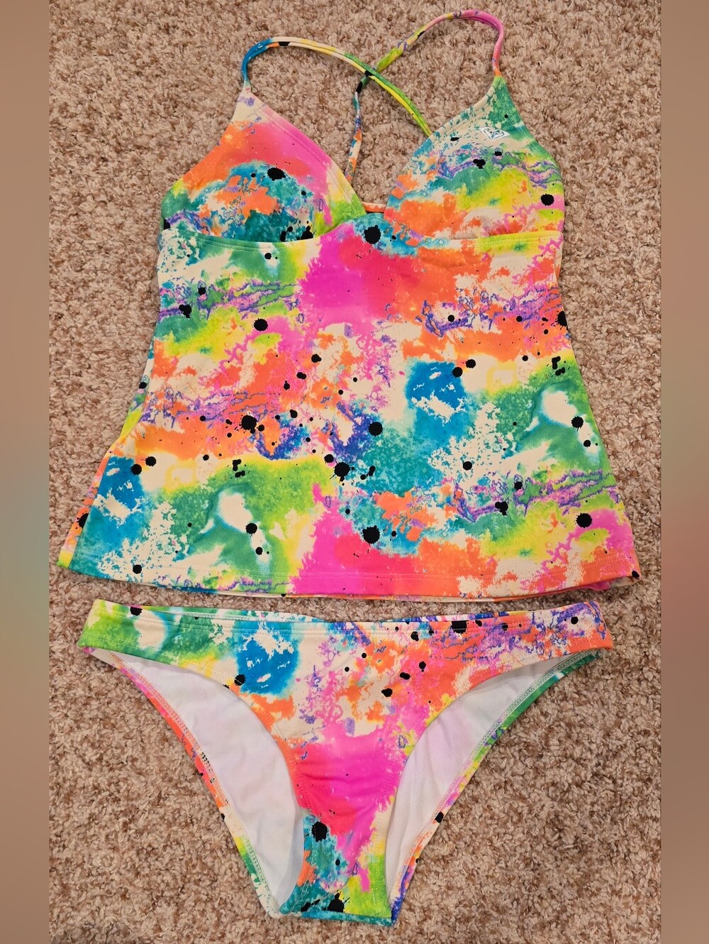 Vintage Roxy 2pc Set Tankini Swim Wear Neon Splash - Multi-Color. Size M